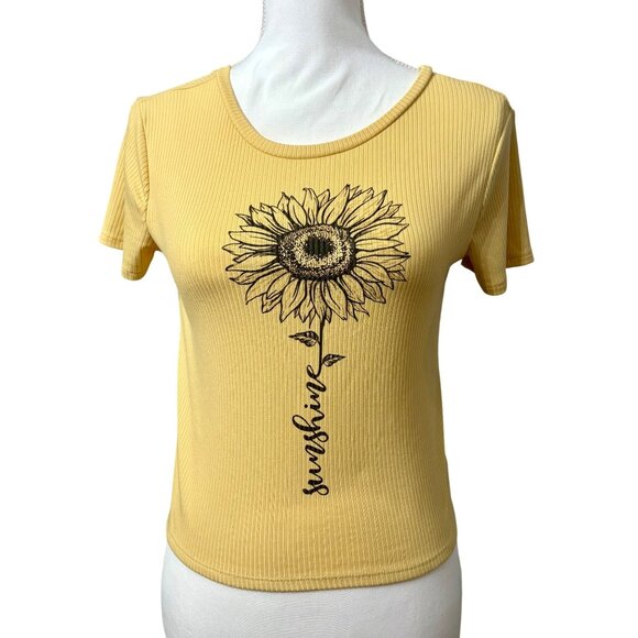 Yellow Ribbed Short Sleeve Sunflower Pullover Graphic Tee Shirt Girls Size L - Picture 1 of 14